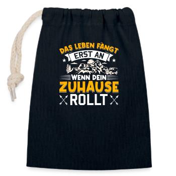 DAS LEBEN FÄNGT ERST AN, WENN DEIN ZUHAUSE ROLLT - Verschließbarer Geschenkbeutel aus Baumwolle (14x20cm) - Navy - Vorne