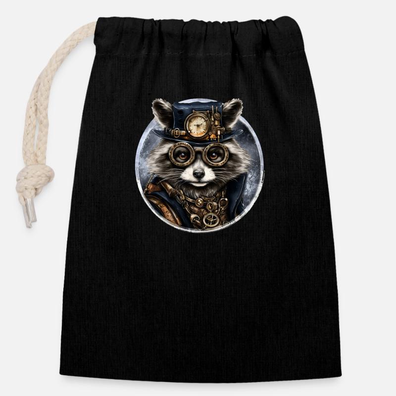 Raton laveur steampunk - Sac cadeau en coton avec cordon (14 x 20 cm) - noir
