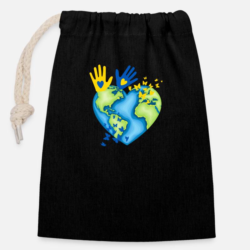 Terre avec des papillons mains d’enfants - Sac cadeau en coton avec cordon (14 x 20 cm) - noir