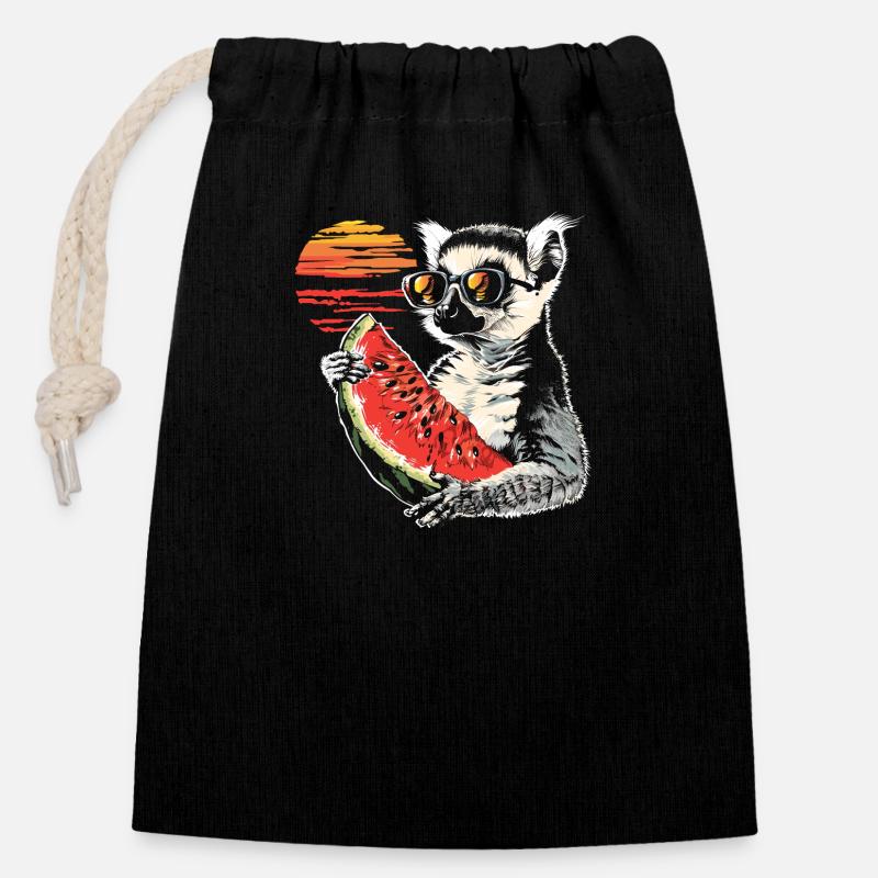 Lémurien Lémurien à queue annelée Lémurien de Madagascar animal pastèque - Sac cadeau en coton avec cordon (14 x 20 cm) - noir
