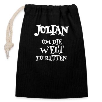 Julian als Retter - Verschließbarer Geschenkbeutel aus Baumwolle (14x20cm) - Schwarz - Vorne