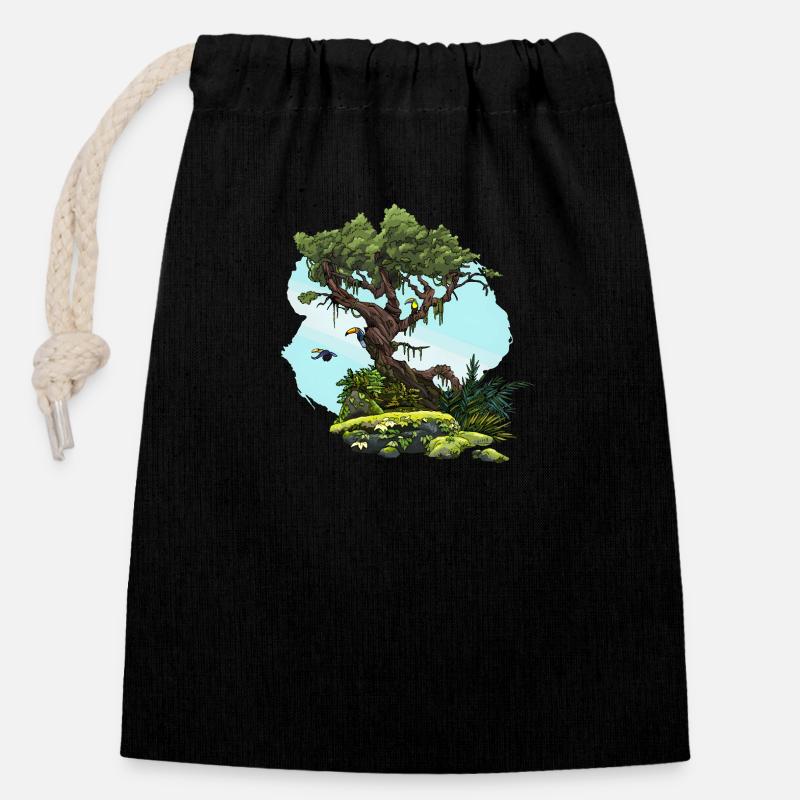 Le Grand Arbre et les Toucans - Sac cadeau en coton avec cordon (14 x 20 cm) - noir
