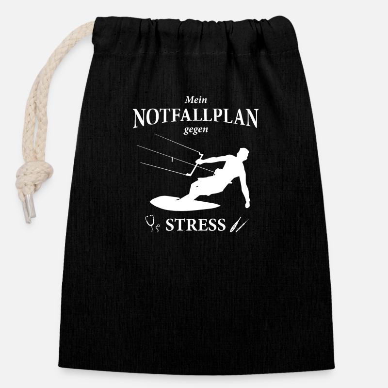 Notfallplan Kitesurfen - Kitesurfer - Kiteboard - Verschließbarer Geschenkbeutel aus Baumwolle (14x20cm) - Schwarz