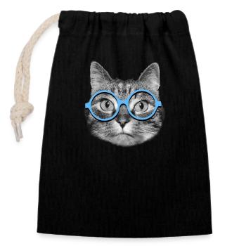 Chat portant des lunettes bleues - Sac cadeau en coton avec cordon (14 x 20 cm) - noir - Devant
