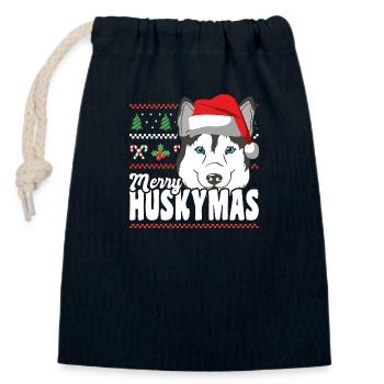 Joyeux Huskymas Sibérien Husky Noël - Sac cadeau en coton avec cordon (14 x 20 cm) - bleu marine - Devant