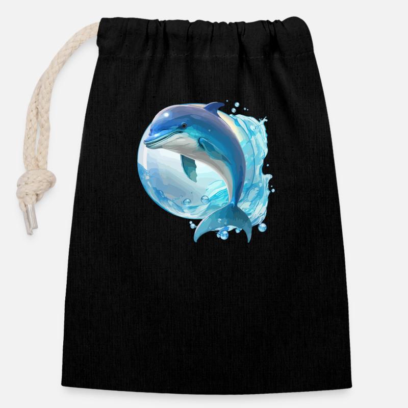 Le dauphin - Sac cadeau en coton avec cordon (14 x 20 cm) - noir