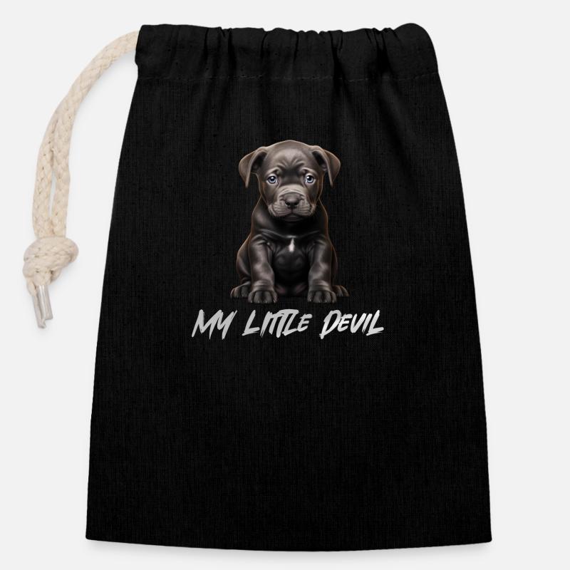 Blue Line Chien Pitbull Bébé Mon Petit Diable - Sac cadeau en coton avec cordon (14 x 20 cm) - noir