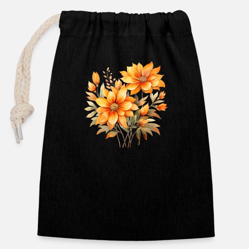 Fleur - Sac cadeau en coton avec cordon (14 x 20 cm) - noir