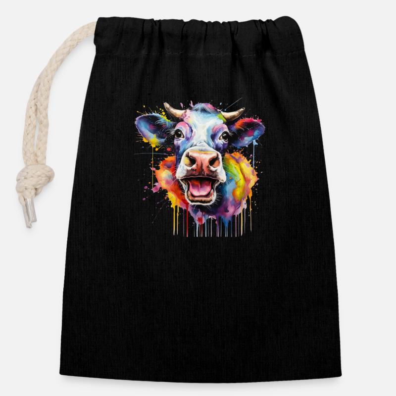 Vache colorée Pop Art, vache arc-en-ciel, Animal - Sac cadeau en coton avec cordon (14 x 20 cm) - noir