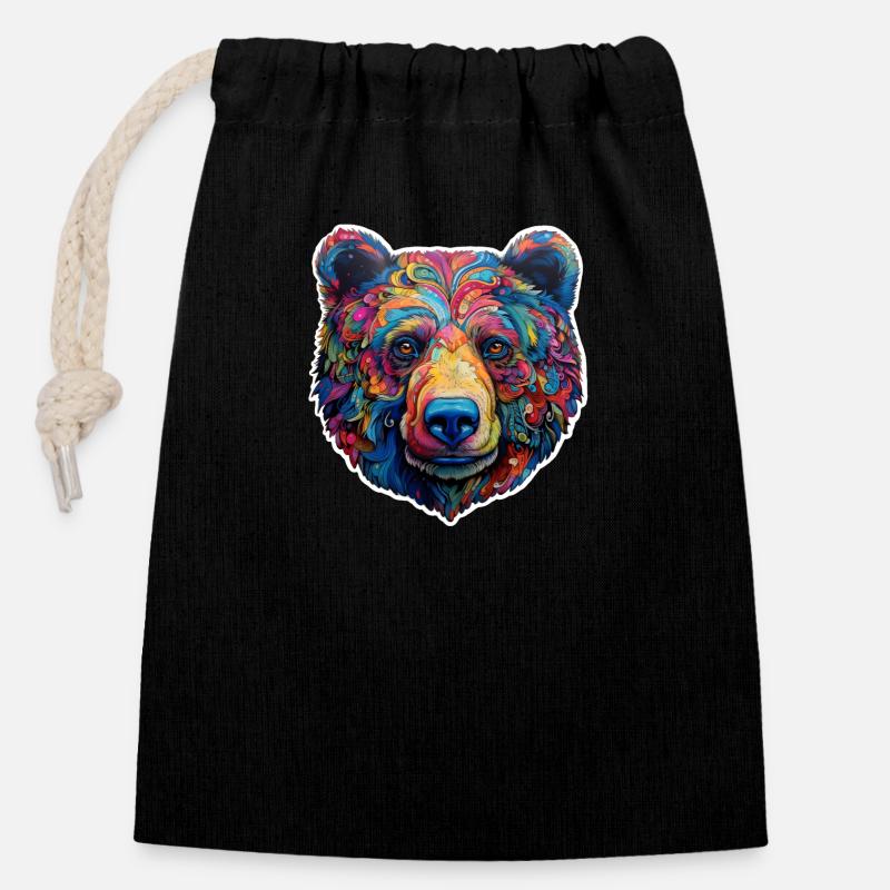 Ours psychédélique - Sac cadeau en coton avec cordon (14 x 20 cm) - noir