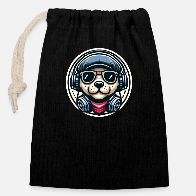Chien de musique - Sac cadeau en coton avec cordon (14 x 20 cm) - noir