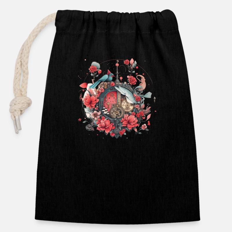 Fleurs, Design d’horloge - Sac cadeau en coton avec cordon (14 x 20 cm) - noir