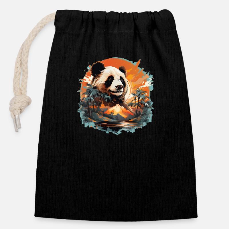 Pandabär mit Berg & Palmen Panda Design - Verschließbarer Geschenkbeutel aus Baumwolle (14x20cm) - Schwarz