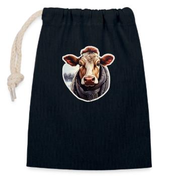Animaux en hiver : vache avec couverture - Sac cadeau en coton avec cordon (14 x 20 cm) - bleu marine - Devant