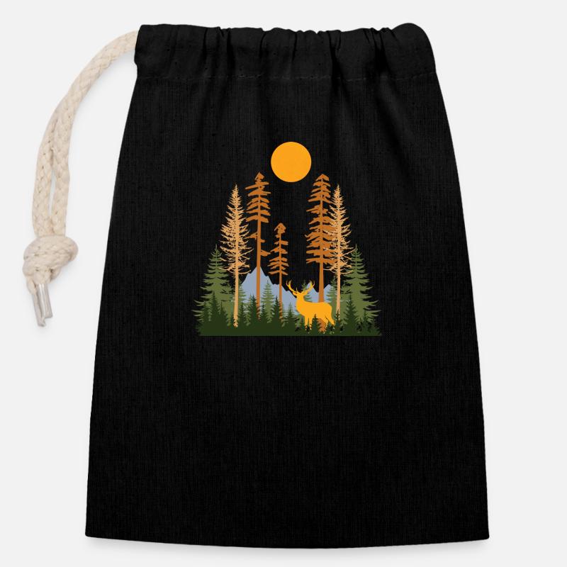 Forêt cachée et cerfs - Sac cadeau en coton avec cordon (14 x 20 cm) - noir