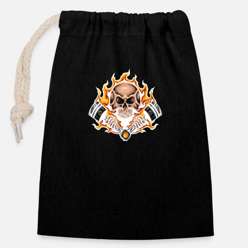 Skull with Engine Piston Shirt Biker Mechanic - Closable cotton gift bag (14x20cm) - black