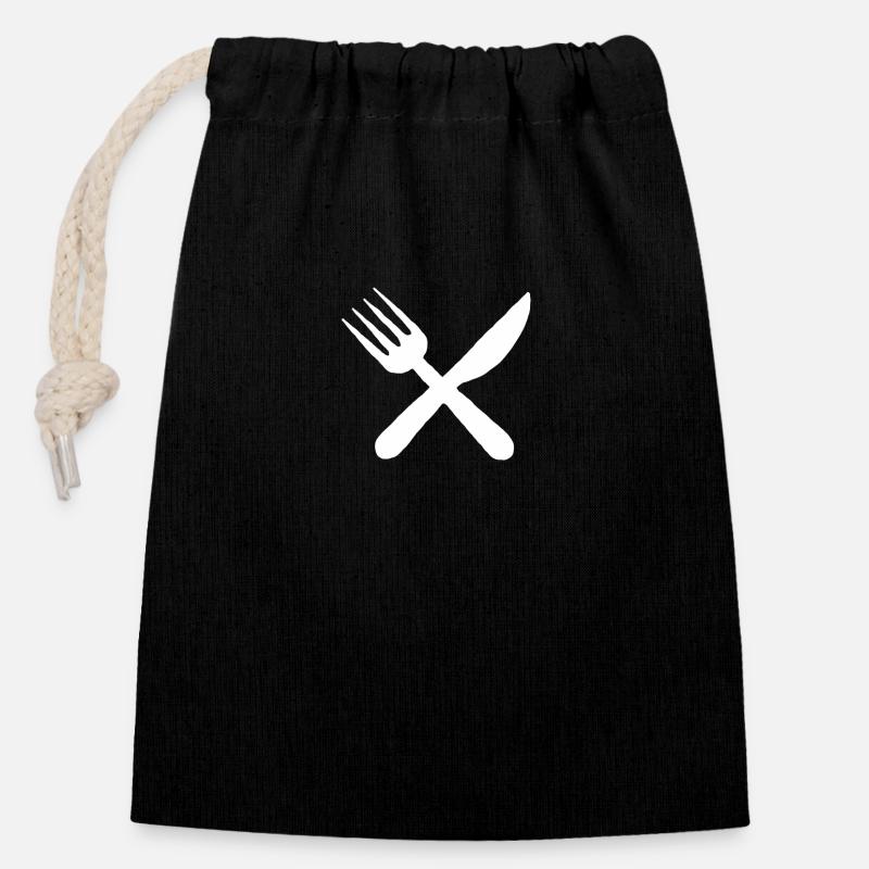 Couverts Manger eat repas alimentaire meal fourche couteau - Sac cadeau en coton avec cordon (14 x 20 cm) - noir