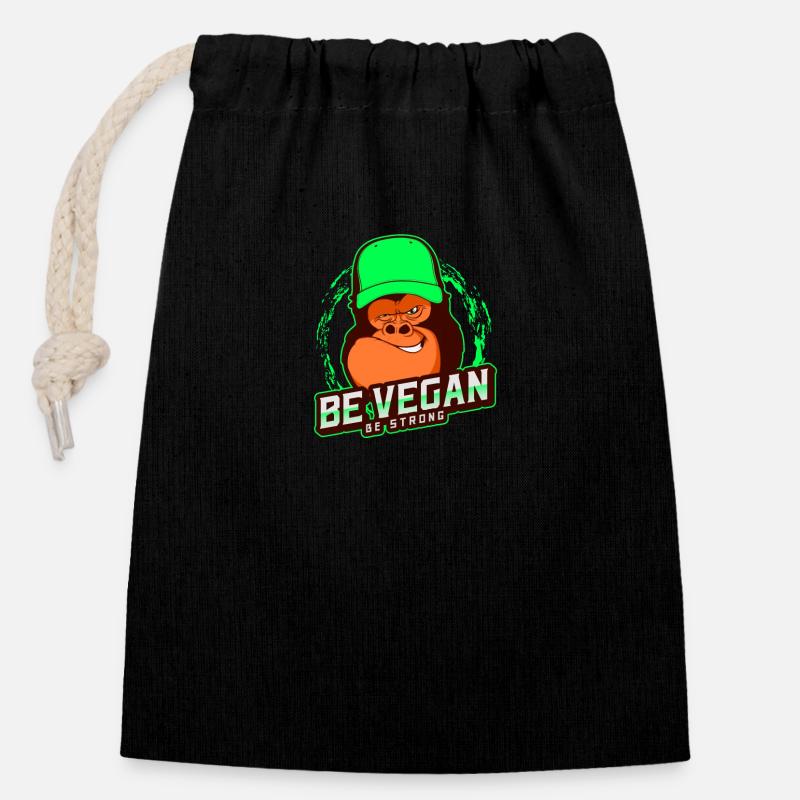 BE VEGAN BE STRONG - Verschließbarer Geschenkbeutel aus Baumwolle (14x20cm) - Schwarz
