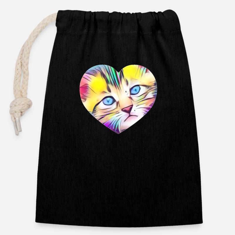 Chat - Sac cadeau en coton avec cordon (14 x 20 cm) - noir
