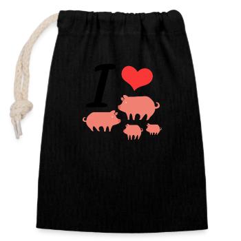 I LOVE PIGS - Verschließbarer Geschenkbeutel aus Baumwolle (14x20cm) - Schwarz - Vorne