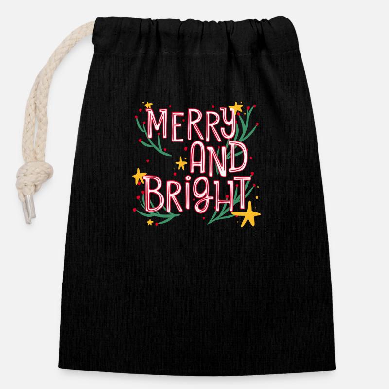 merry and bright - Verschließbarer Geschenkbeutel aus Baumwolle (14x20cm) - Schwarz