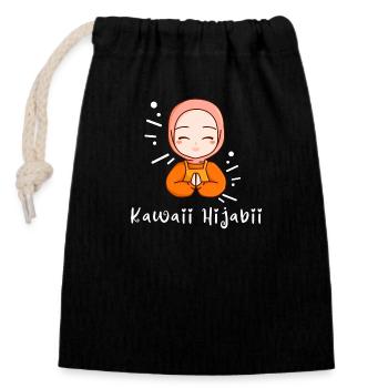 Kawaii Hijabi / Ghibli / Islam motif sucré - Sac cadeau en coton avec cordon (14 x 20 cm) - noir - Devant