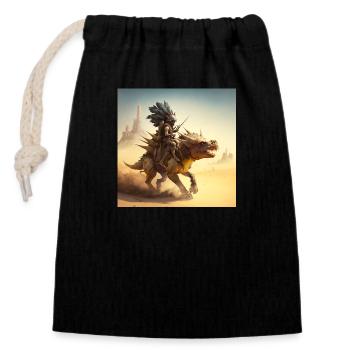 Caveman riding stegosaurus in the desert - Closable cotton gift bag (14x20cm) - black - Front