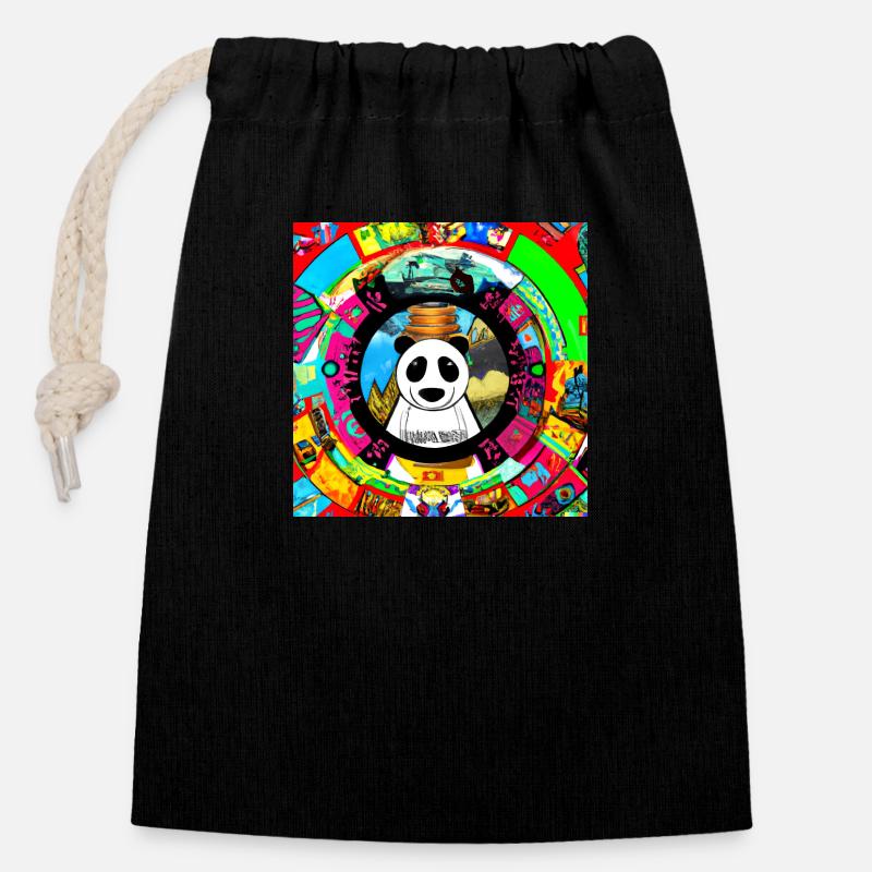 Pandamonium Mandala - Sac cadeau en coton avec cordon (14 x 20 cm) - noir