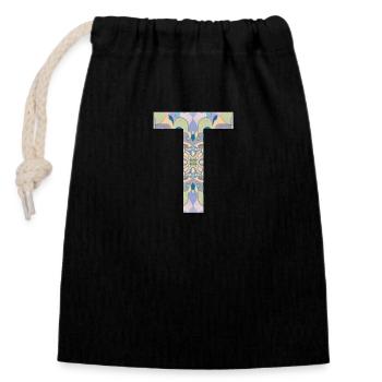 Lettre T en mandala - Sac cadeau en coton avec cordon (14 x 20 cm) - noir - Devant