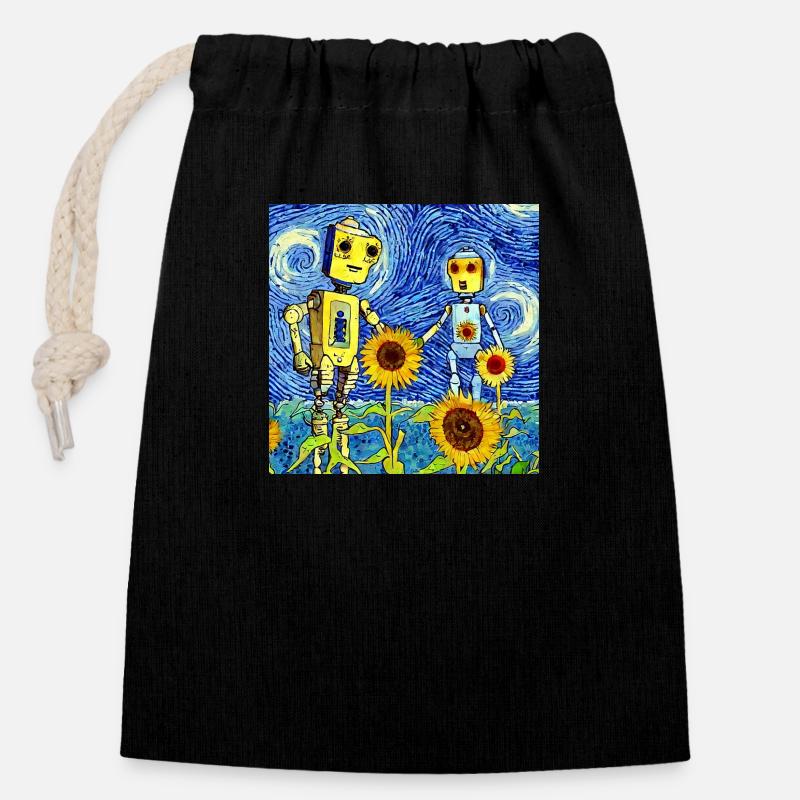 Händchenhaltende Roboter in einem Sonnenblumenfeld - Verschließbarer Geschenkbeutel aus Baumwolle (14x20cm) - Schwarz
