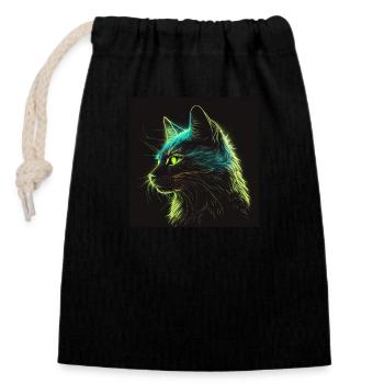 Chat néon la nuit - Sac cadeau en coton avec cordon (14 x 20 cm) - noir - Devant