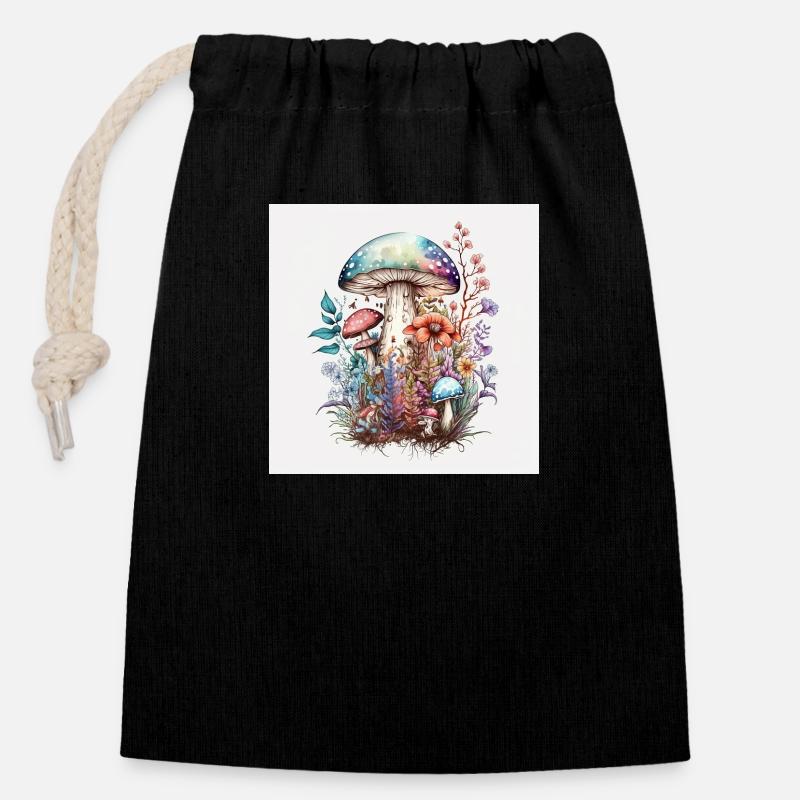 Des champignons à la peinture à l'eau - Sac cadeau en coton avec cordon (14 x 20 cm) - noir