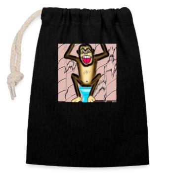 A laughing monkey on the toilet - Closable cotton gift bag (14x20cm) - black - Front