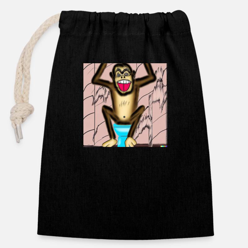 A laughing monkey on the toilet - Closable cotton gift bag (14x20cm) - black