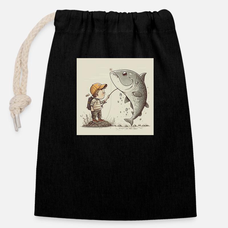 Un petit garçon attrape un cadeau - Sac cadeau en coton avec cordon (14 x 20 cm) - noir