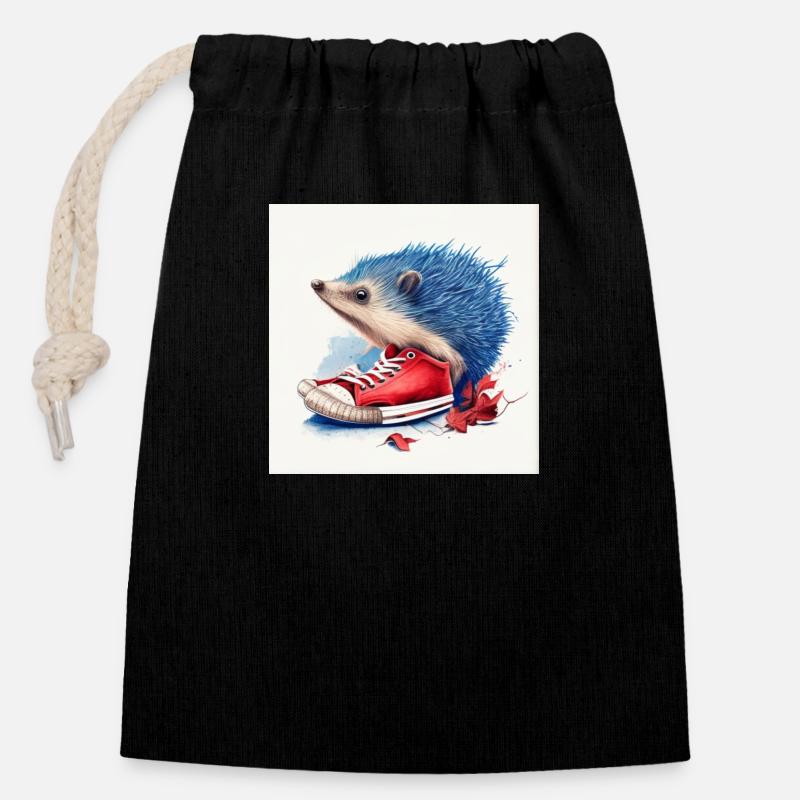 Hérisson bleu et chaussures rouge - Sac cadeau en coton avec cordon (14 x 20 cm) - noir
