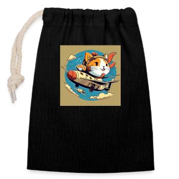 Cartoon flying cat - Closable cotton gift bag (14x20cm) - black - Front