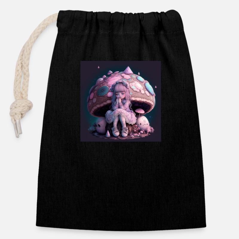 Fille sous champignon - Sac cadeau en coton avec cordon (14 x 20 cm) - noir