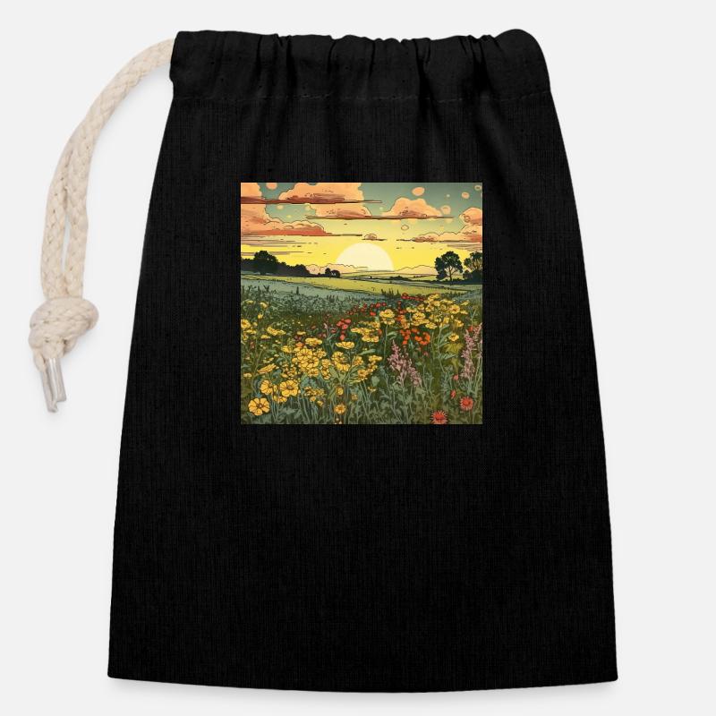 Blumenfeld an einem Sommerabend - Verschließbarer Geschenkbeutel aus Baumwolle (14x20cm) - Schwarz