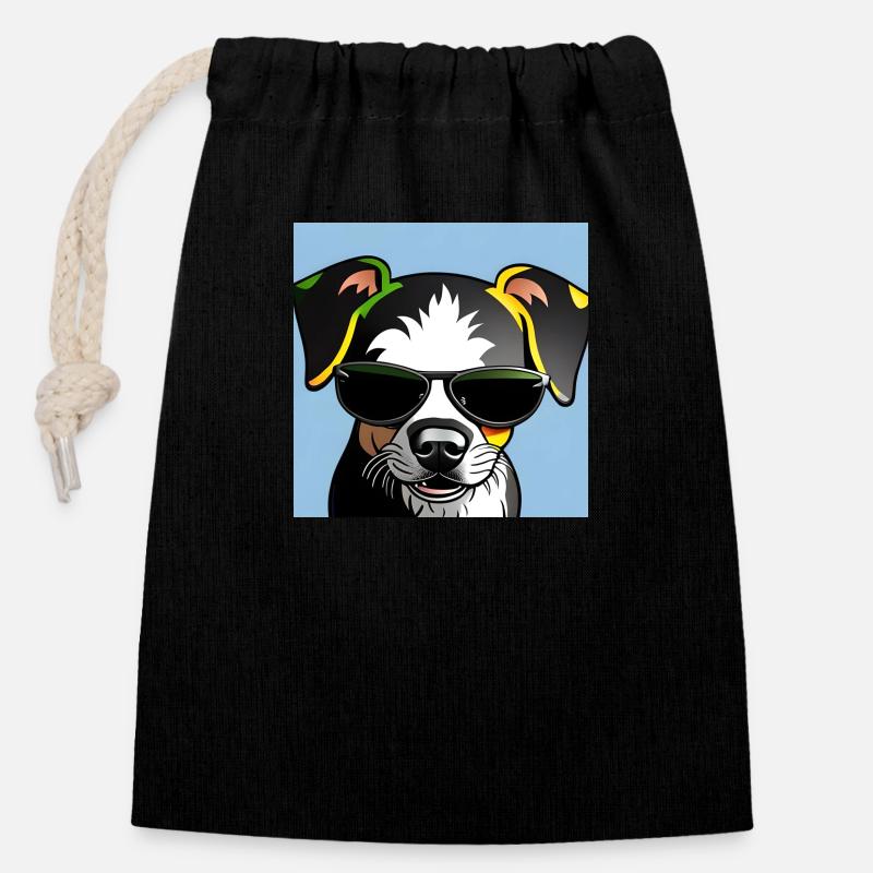Chien coloré avec des lunettes de soleil - Sac cadeau en coton avec cordon (14 x 20 cm) - noir