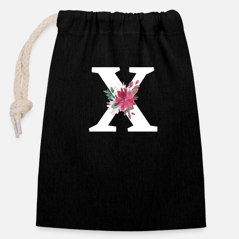 Lettre x floral - Sac cadeau en coton avec cordon (14 x 20 cm) - noir