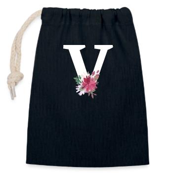 Lettre v floral - Sac cadeau en coton avec cordon (14 x 20 cm) - bleu marine - Devant