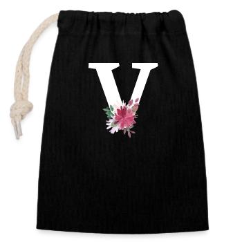 Lettre v floral - Sac cadeau en coton avec cordon (14 x 20 cm) - noir - Devant