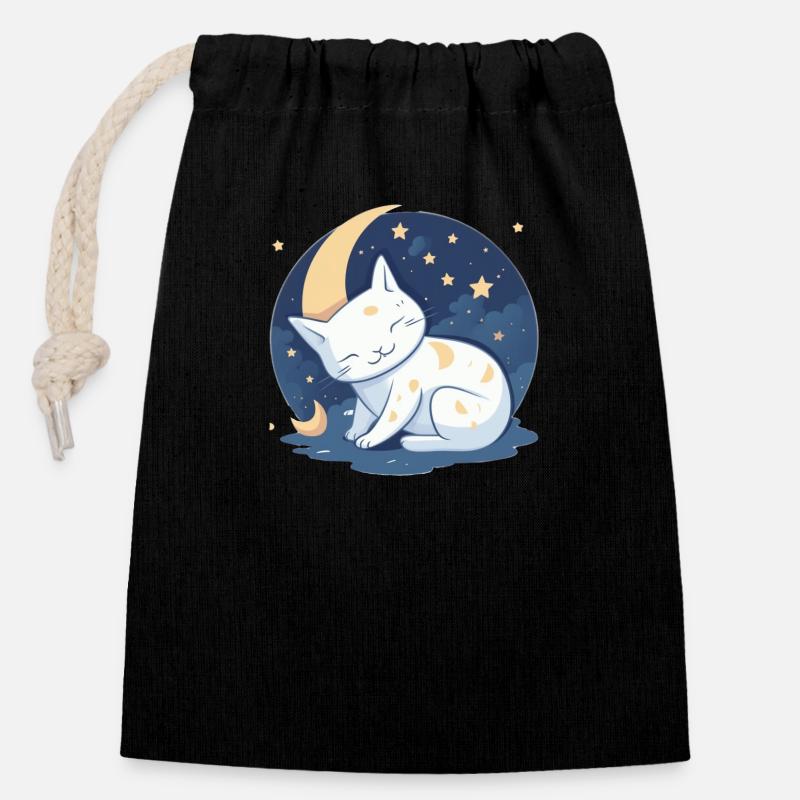 Chat mignon sur la lune - Sac cadeau en coton avec cordon (14 x 20 cm) - noir