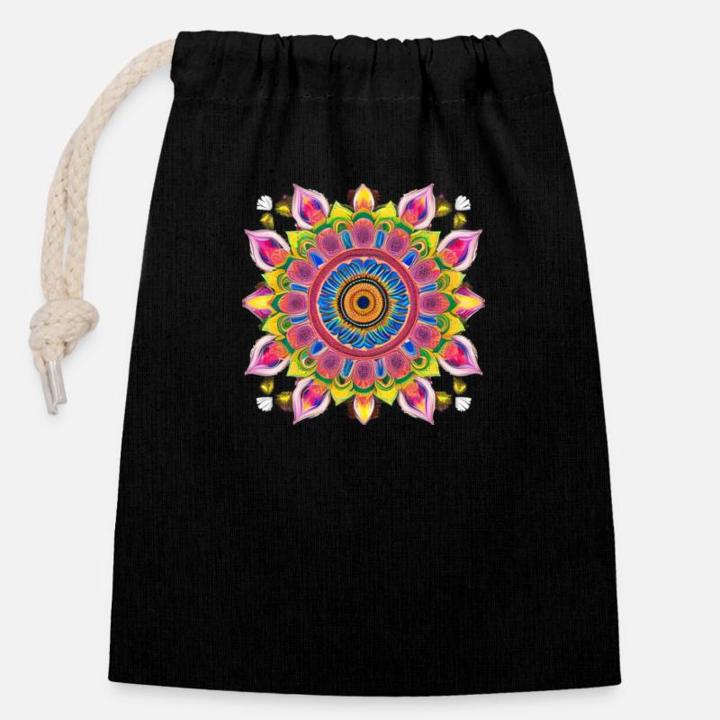 Peinture à l’huile de mandala botanique - Sac cadeau en coton avec cordon (14 x 20 cm) - noir