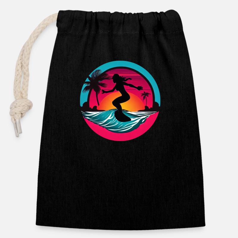 Frauen Surfer Surfbrett Surfen - Verschließbarer Geschenkbeutel aus Baumwolle (14x20cm) - Schwarz