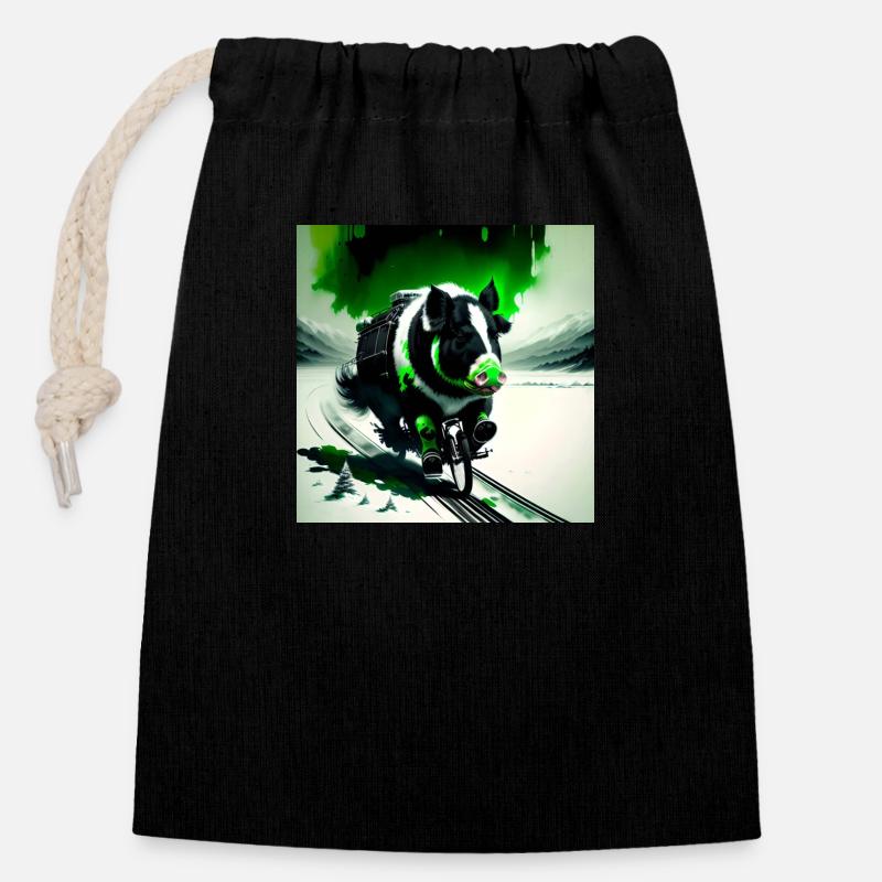 Le cochon vert - Sac cadeau en coton avec cordon (14 x 20 cm) - noir