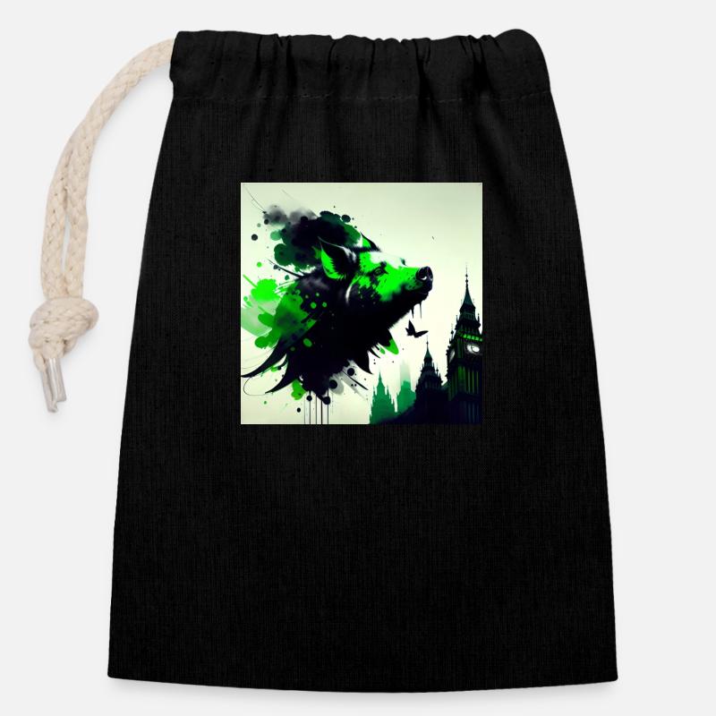 Le cochon vert à Londres - Sac cadeau en coton avec cordon (14 x 20 cm) - noir