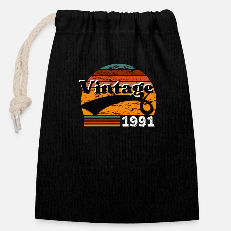 Vintage 1991 - Sac cadeau en coton avec cordon (14 x 20 cm) - noir