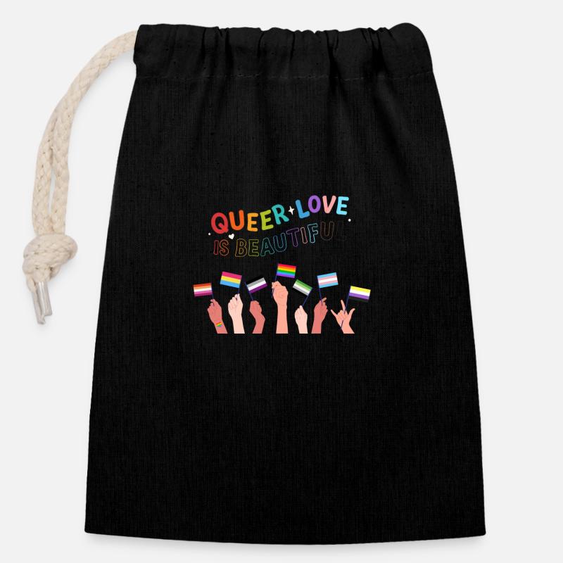 L’amour queer est beau - Sac cadeau en coton avec cordon (14 x 20 cm) - noir